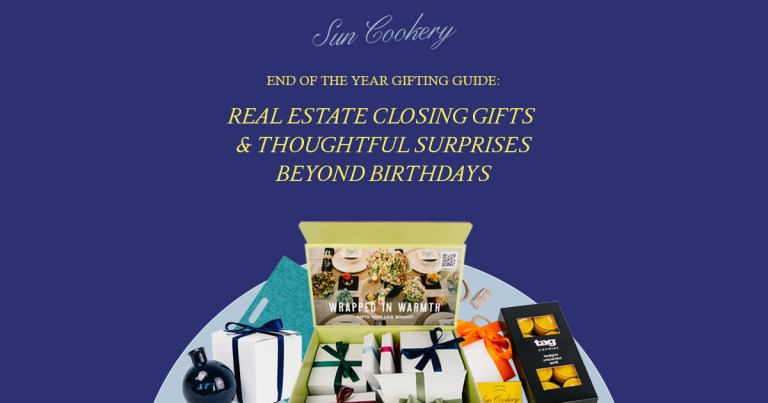 Sun Cookery End of Year Gifting Guide featuring Wrapped in Warmth Collection box with ribbon-wrapped gifts, candles, and hosting essentials — ideal REALTOR® closing gift ideas.
