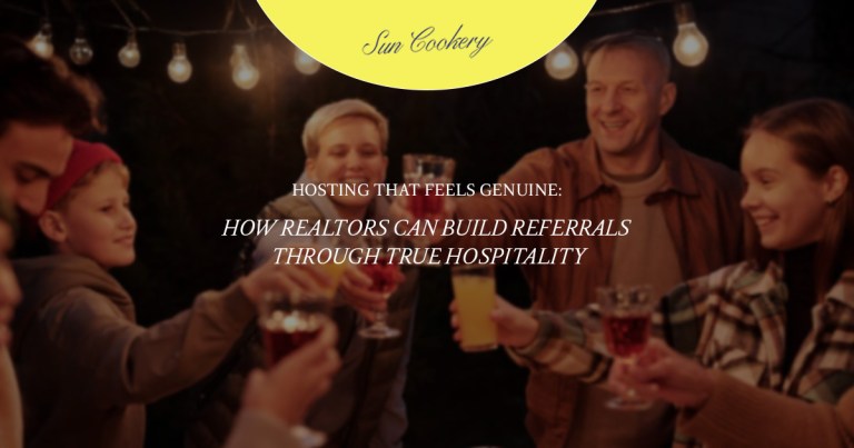 Realtors hosting a warm outdoor gathering with clients, clinking glasses under string lights — genuine hospitality that builds referrals through connection.