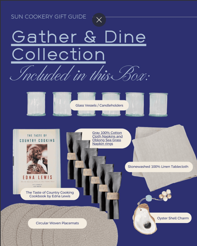 Sun Cookery Gather and Dine gift collection with table linens, glass vessels, placemats, and hosting essentials for elevated dining