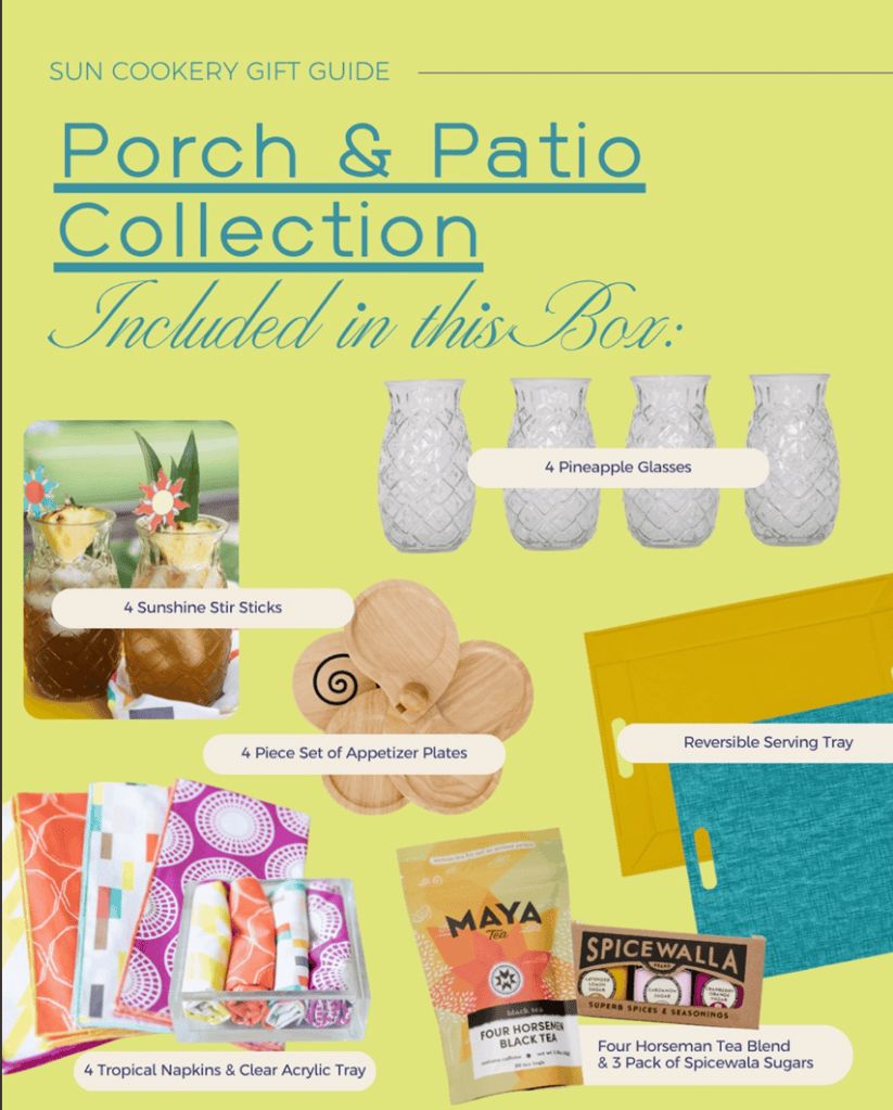 Sun Cookery Porch and Patio gift collection featuring pineapple glasses, serving trays, cocktail napkins, and summer entertaining essentials